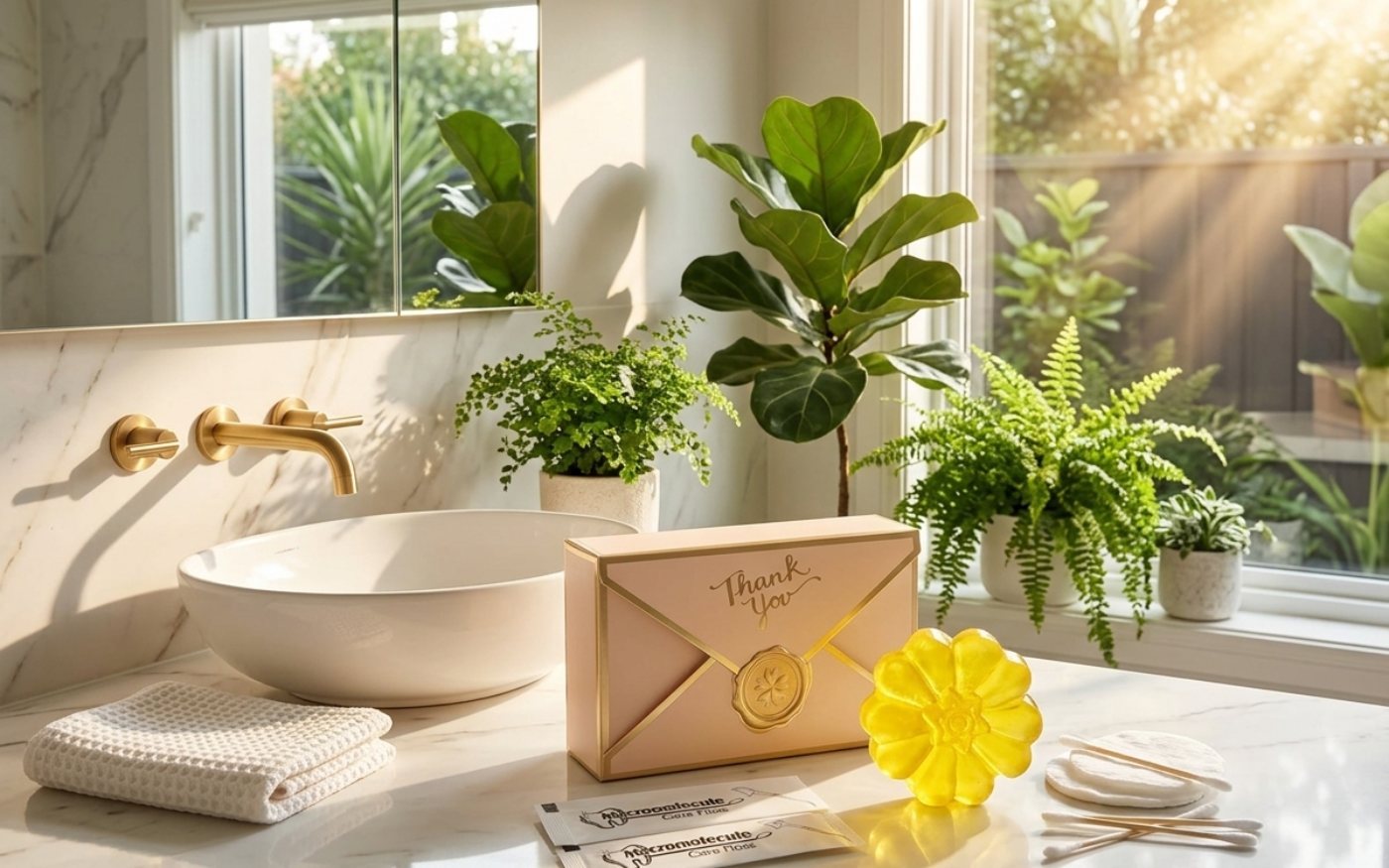 A pink thank-you gift box, soap and cotton buds on a sunlit marble vanity